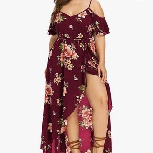 Leewos Summer Plus Size Dress Floral Pattern Off Shoulder V Neck Slit Long Dress
